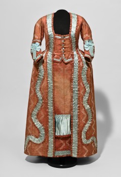 RED MANTEAU (MANTLE) DRESS with watteau pleat and blue trimmings