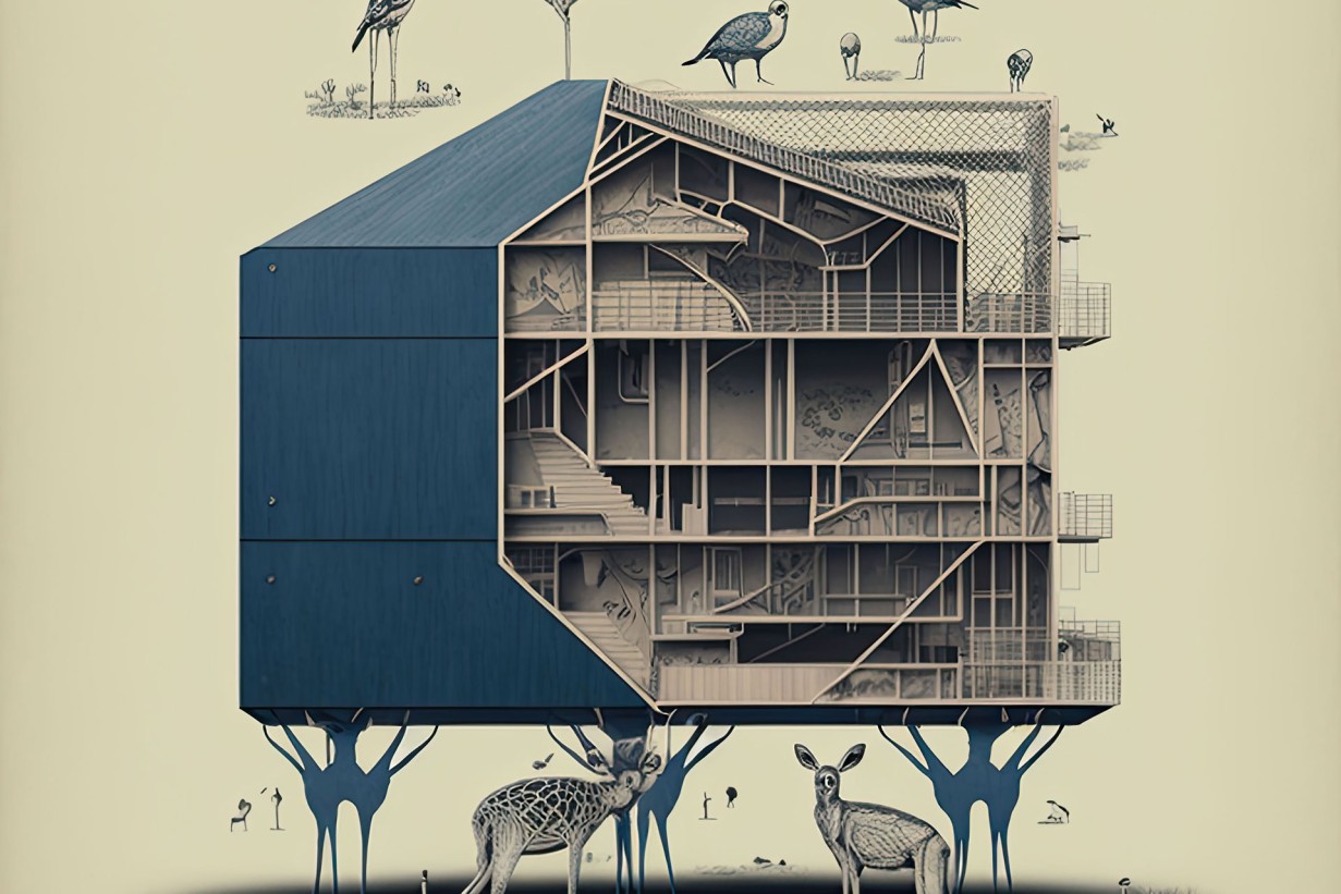 Haus im Längsschnitt, getragen von Rehen unter dem Haus, am Dach sind Vögel
