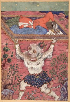 Miniatur, Malerei, Landhaur, der Sohn des Königs von Ceylon, wird im Schlaf von einem Dämon entführt, Hamzanama