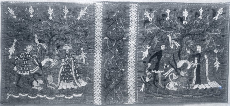 Polychrome silk embroidery: man and woman, flowers, animals
