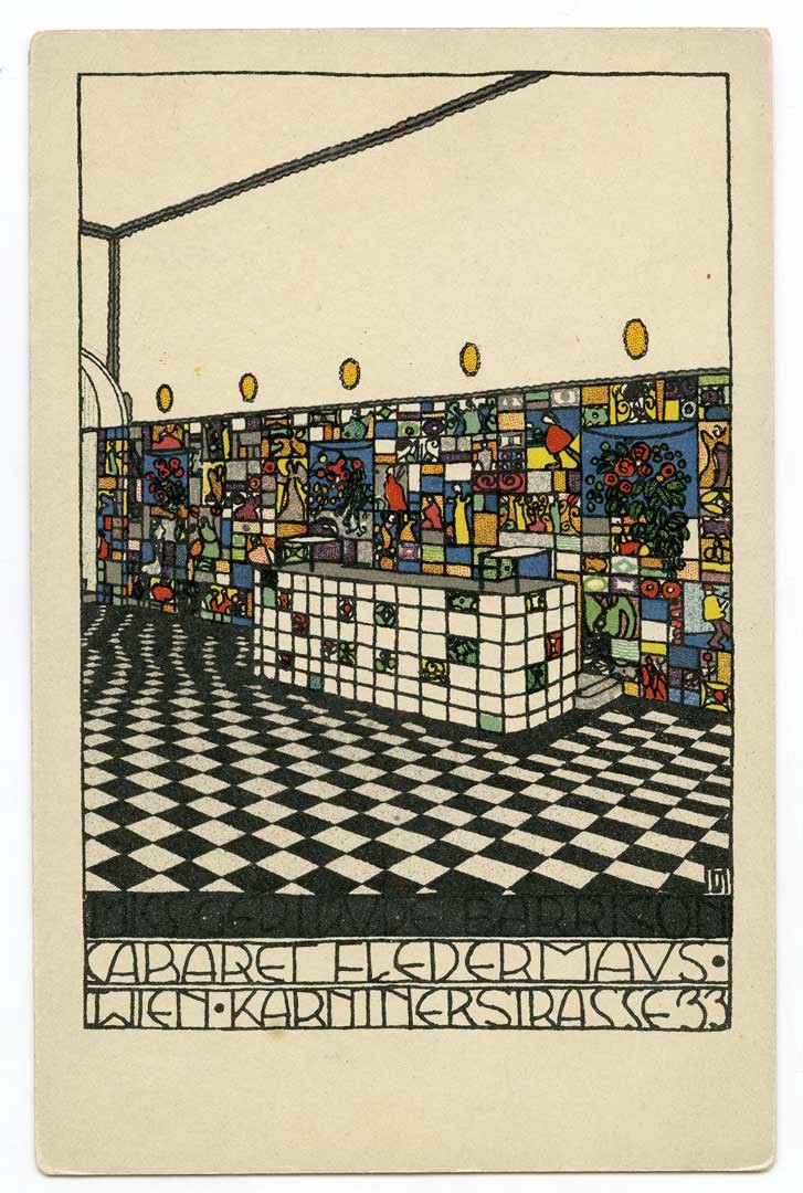 <BODY><div>Josef Hoffmann, Wiener Werkstätte Postcard No. 75, Bar Room „CABARET FLEDERMAUS, WIEN, KÄRNTNERSTRASSE 33“, Vienna, 1907 </div><div>© MAK</div><div> </div></BODY>